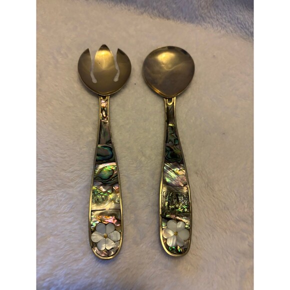 Mexico Alpaca Silver Abelone and Mother of Pearl Inlay Serving Spoon & Fork Set - Picture 1 of 5